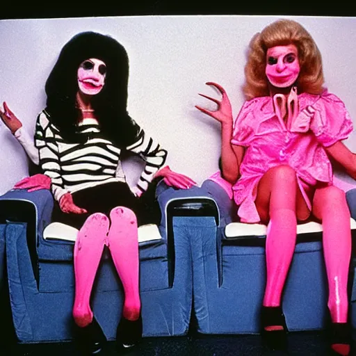 Prompt: 1982 twin women on tv talk show wearing an inflatable long prosthetic snout nose made of gooey pink slime, soft color wearing stripes sitting on vinyl chairs, pink slime everywhere, studio lighting 1982 color film archival footage 16mm John Waters Russ Meyer Almodovar Doris Wishman