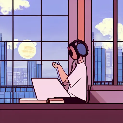 Image similar to a side view of a beautiful girl sitting on her desktop writing something, headphones on, hand on her chin, nightlamp, digital art, anime, studio ghibli style, window and city background, portrait