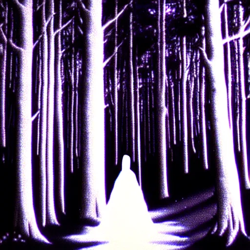 Image similar to marian apparition in forest, found footage, vhs, 1 9 9 0, beautiful, highly realistic, highly detailed, vhs noise static, black and white, vhs glitch