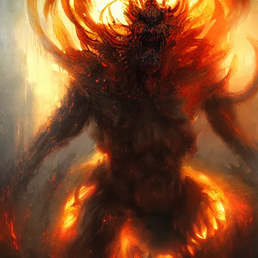Prompt: A fire elemental monster, feral, horrific, drawn by Ruan Jia, fantasy art, dramatic lighting, digital art,highly detailed