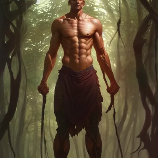 Image similar to portrait of forest gog, male, clear face, masculine, upper body, muscular, fantasy, intricate, elegant, highly detailed, digital painting, artstation, concept art, matte, sharp focus, illustration, art by artgerm and greg rutkowski and alphonse mucha