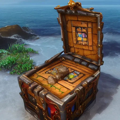 Image similar to island inside of a treasure chest with ornate details, unreal engine, ultradetailed, trending on artstation, devianart, cgsociety, amazing details