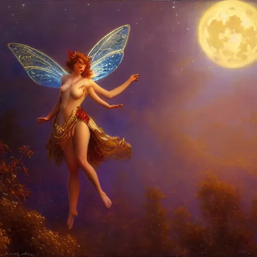 Image similar to attractive fairy magically floating high in the night, fantasy, full moon in background. highly detailed painting by gaston bussiere, craig mullins, j. c. leyendecker, mid shot, 8 k