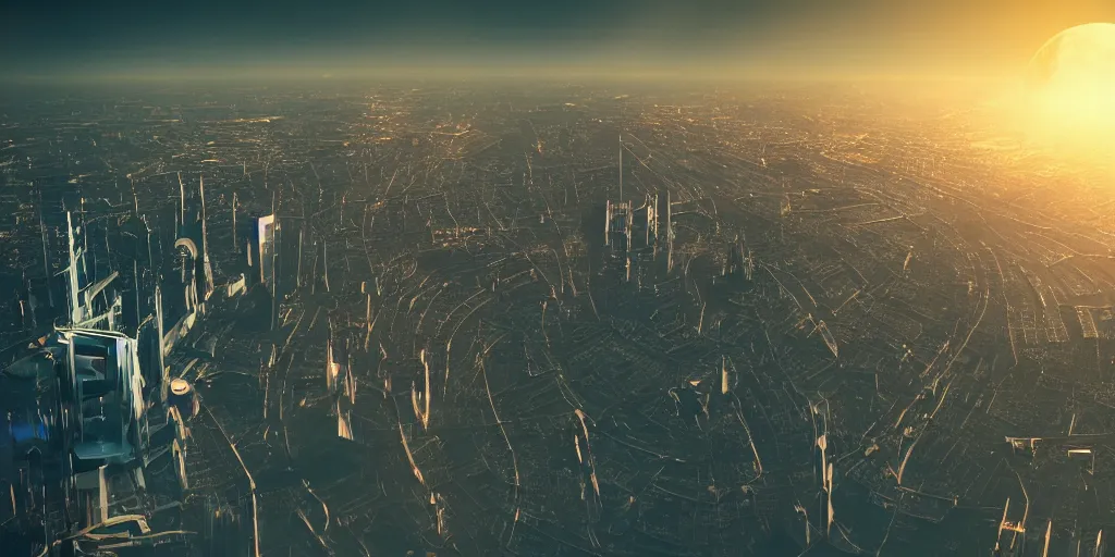 Image similar to cinematic shot of a cityscape futuristic antigravity saint petersburg city in the moon, russian orbit city, telephoto, golden mood, iconic scene from the paranoid thriller sci fi film directed by stanley kubrick, anamorphic cinematography, beautiful composition, color theory, leading lines, photorealistic, moody volumetric lighting