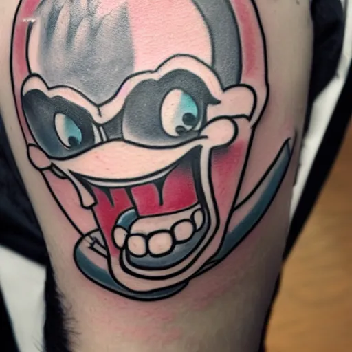 Prompt: cuphead tatoo, highly realistic, studio lighting