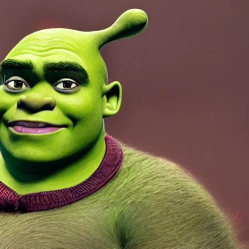 Prompt: Shrek the ogre with red eyes, head shot