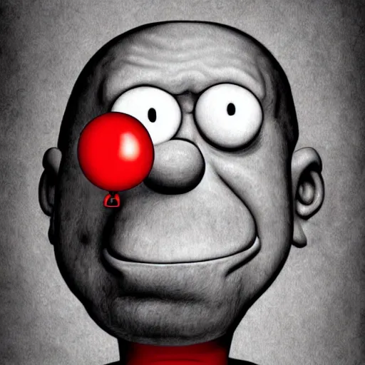 Prompt: surrealism grunge cartoon portrait sketch of homer simpson with a wide smile and a red balloon by - michael karcz, loony toons style, freddy krueger style, horror theme, detailed, elegant, intricate