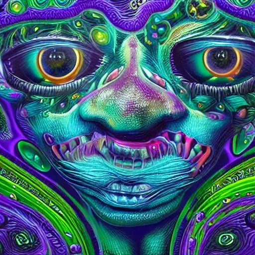 Image similar to dark fantasy, 4 k, textured 3 d, intense detail, psychedelic teddy bears with googly eyes, amazing background, alex grey style