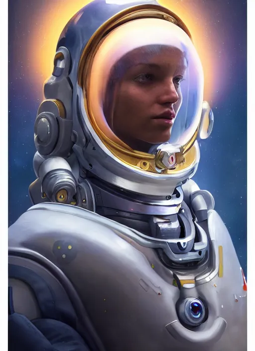 Image similar to masterpiece portrait of cosmic astronaut on a spaceship, au naturel, hyper detailed, digital art, trending in artstation, cinematic lighting, studio quality, smooth render, unreal engine 5 rendered, octane rendered, art style by klimt and nixeu and ian sprigger and wlop and krenz cushart and riot and overwatch