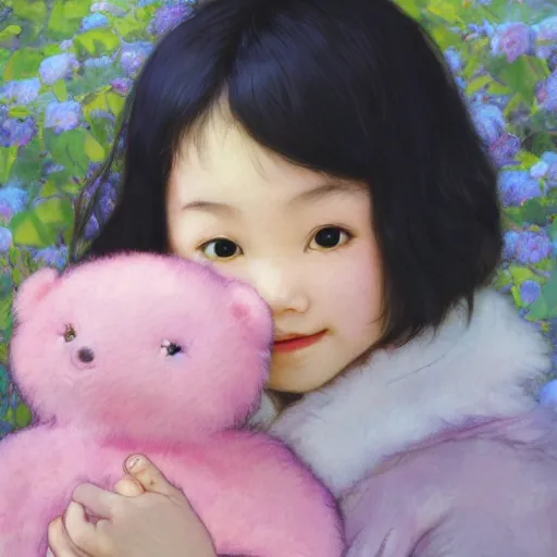 Prompt: a beautiful [[smiling]] little asian toddler girl with short dark hair, outside at the park on a beautiful day, holding a round pink stuffed animal, by Artgerm, Mucha Klimt, Hiroshi Yoshida and Craig Mullins, featured on Artstation, CGSociety, Behance HD, Deviantart