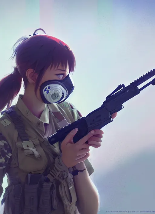 Prompt: a paintball player girl, softair center landscape, illustration, concept art, anime key visual, trending pixiv fanbox, by wlop and greg rutkowski and makoto shinkai and studio ghibli and kyoto animation, symmetrical facial features, dye i 5 mask, colorful airsoft gun, sports clothing, realistic anatomy