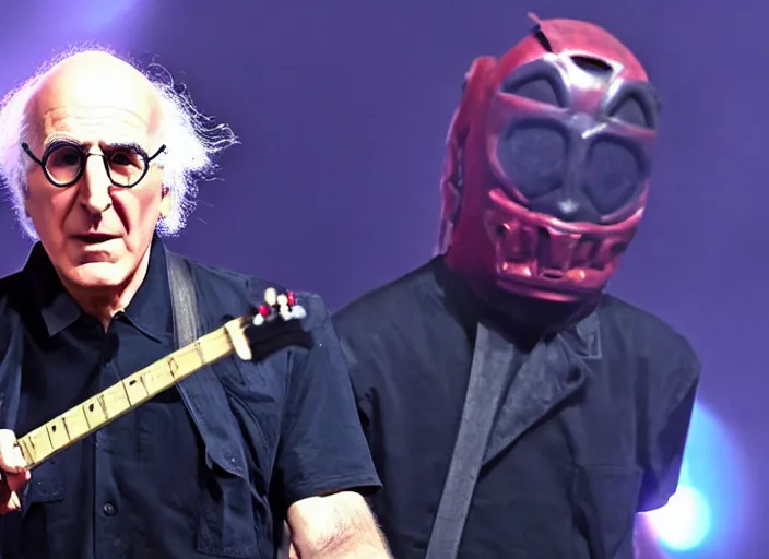 Prompt: publicity photo still of larry david touring with slipknot live on stage, 8 k, live concert lighting, mid shot