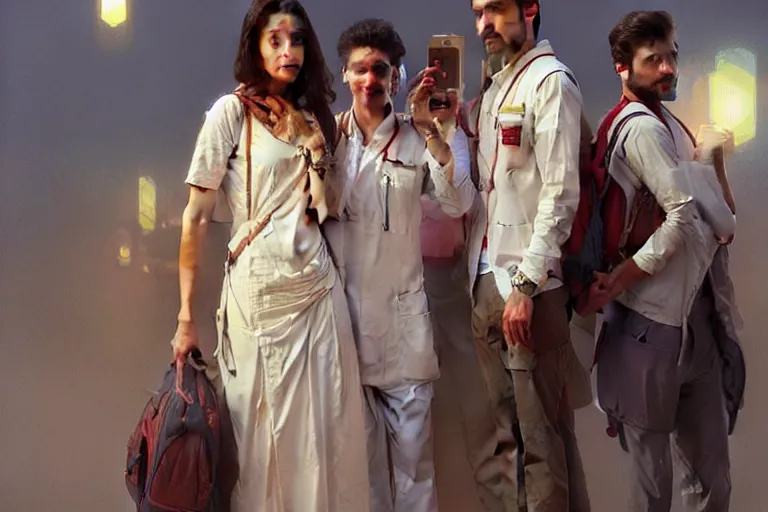 Image similar to Anxious good looking pale young Indian doctors wearing American clothes at the airport, portrait, elegant, intricate, digital painting, artstation, concept art, smooth, sharp focus, illustration, art by artgerm and greg rutkowski and alphonse mucha