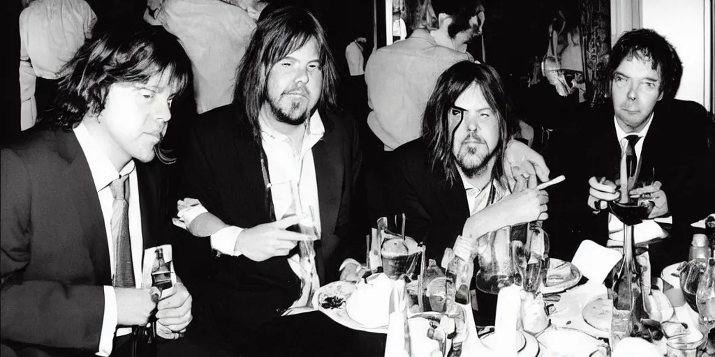 Image similar to “ david foster wallace and thomas pynchon at a dinner party hosted by haruki murakami, all are dressed in suits ”