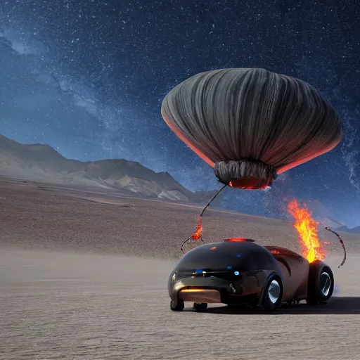 Image similar to an asteroid headed for burning man black rock desert with art cars and fire spinners detailed, 8 k, trending on artstation