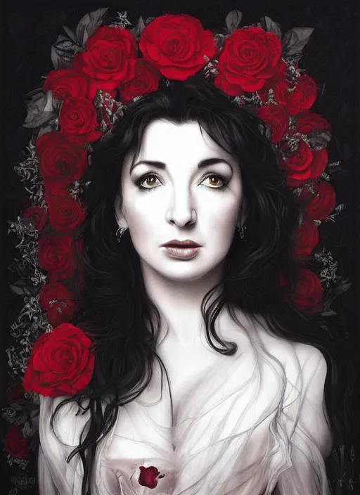 Image similar to portrait of kate bush against a red velvet background, lush black hair, pale skin, white roses, flowing material, intricate, beautiful cinematic lighting, stuning painting by artgerm and caravaggio and android jones