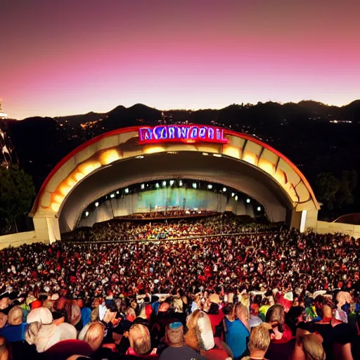 Prompt: The Rockafire Explosion play the Hollywood Bowl to a sold-out crowd at Sunset