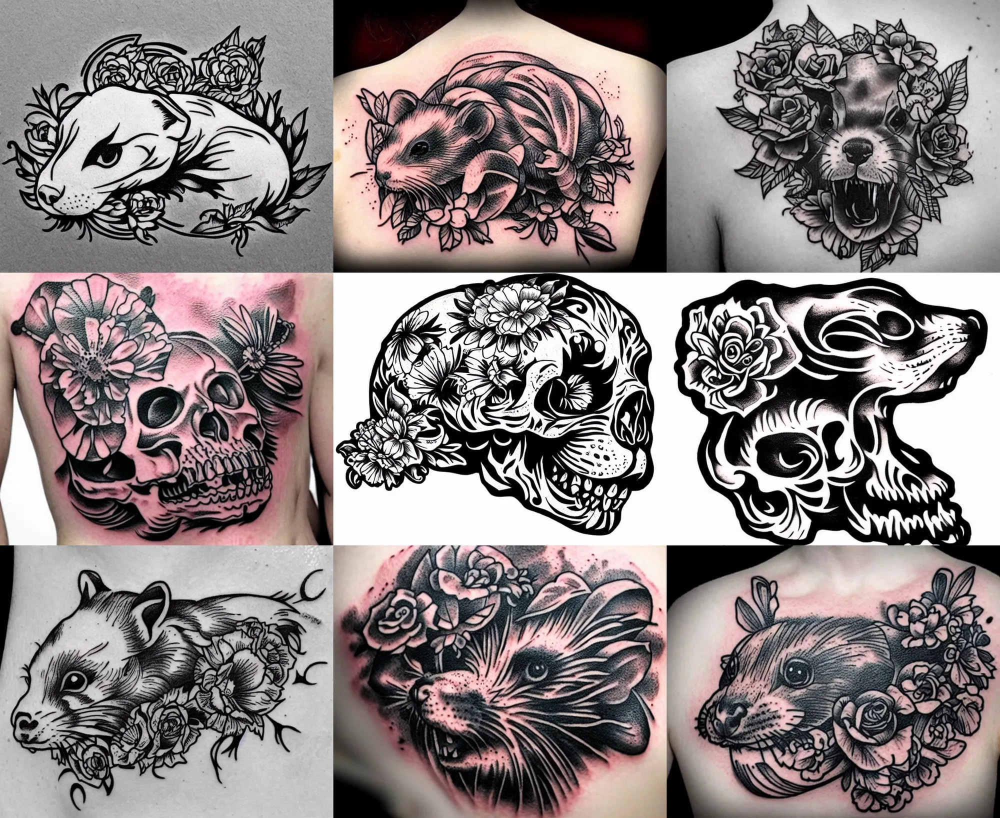 Image similar to detailed amazing tattoo stencil of a floral ferret crawling on a human skull