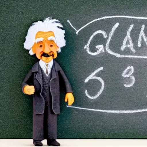 Image similar to claymation miniature scene of albert einstein standing in front of miniature blackboard with lots of mathematical formulas chalked on