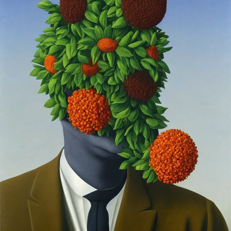 Image similar to portrait of a flower - head man by rene magritte, detailed painting, distance, centered, hd, hq, high resolution, high detail, 4 k, 8 k