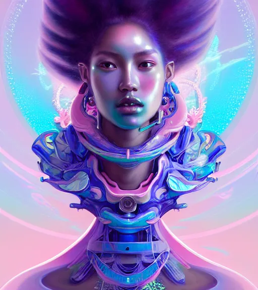 Prompt: porttait of a beautiful celestial Hawaiian pearlescent rgb Goddess wearing a futuristic lush Japanese battlesuit exposed in cryo chambers by James Jean, royal blue and pink theme, intricate, elegant, highly detailed, centered, digital painting, artstation, concept art, smooth, sharp focus, illustration, by Peter Mohrbacher, WLOP