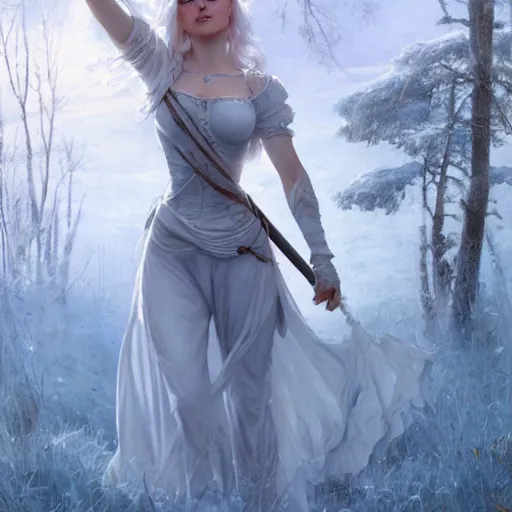 Prompt: Ciri in the white frost by Alexander Averin and Charlie Bowater and Guillaume Seignac and Charles Edward Perugini