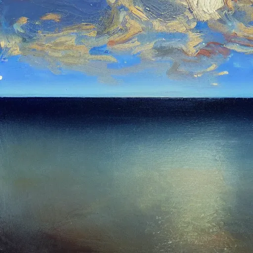 Prompt: spheres and ellipsoids floating over and reflected in the ocean ’ s surface, with majestic thunderheads in the background, pastoral lighting, abstract oil painting style