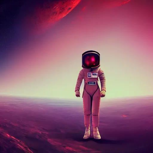 Image similar to A wide angle shot from below of a female astronaut with a feminine body walking with swagger towards camera on mars in an infinite universe , synthwave digital art