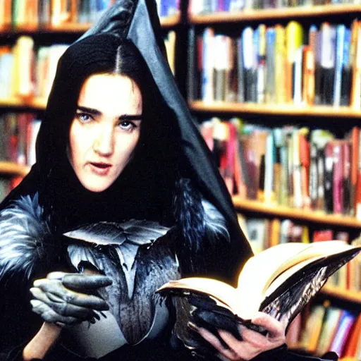 Prompt: young innocent jennifer connelly as youthful alien bird - woman, gothic wearing hooded dark cloak, modestly dressed, reading in library, gray skin, black feathers instead of hair, black feathers growing out of skin, bumpy skin, black hands with black claws, comic book, mike mignogna