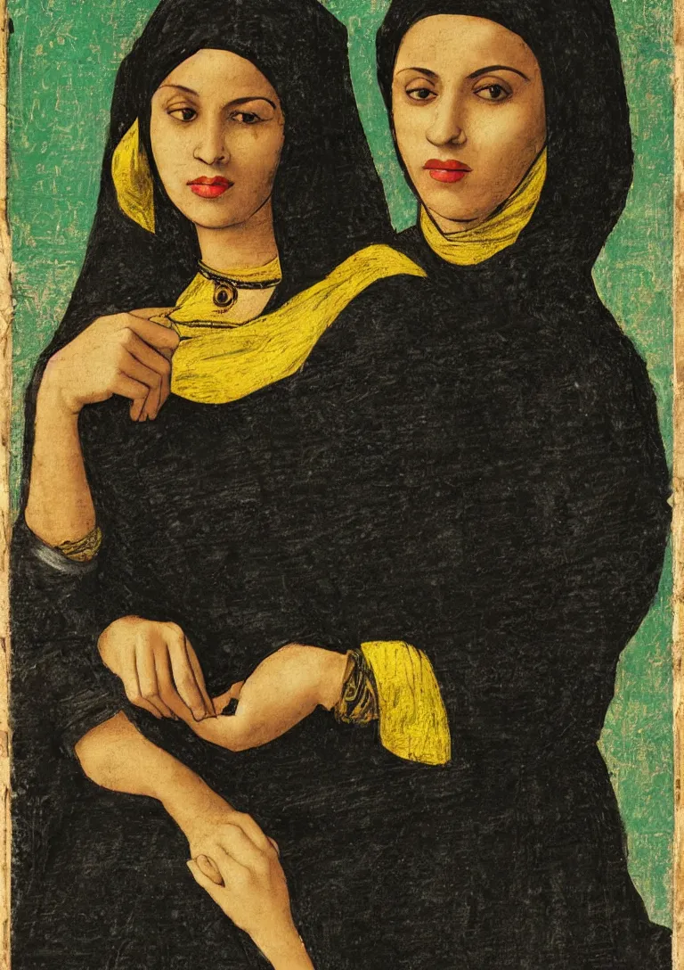 Prompt: a portrait of an arab muslim woman from the fifties, seated in front of a landscape background, her black hair is a long curly, she wears a dark green dress pleated in the front with yellow sleeves, puts her right hand on her left hand, in style of leonardo da vinci