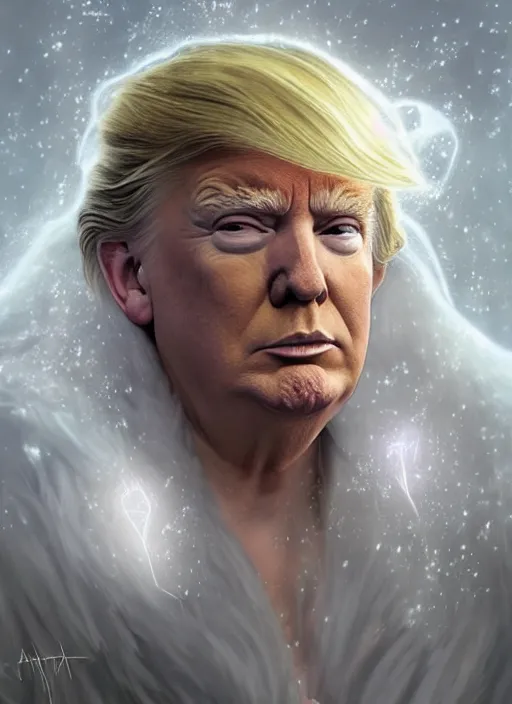 Image similar to Portrait of Donald Trump, white glowing eyes, silver shaggy hair, cloak, ethereal wings, male, fantasy, extremely detailed, digital painting, artstation, concept art, smooth, sharp focus, illustration, stunning lighting, art by artgerm and greg rutkowski and alphonse mucha and simon stalenhag, realistic character concept, high fantasy, light atmosphere, golden ratio, cinematic lighting, hyperdetailed, high resolution, insanely detailed and intricate, artstation, Marc Simonetti, Greg Rutkowski, 8k