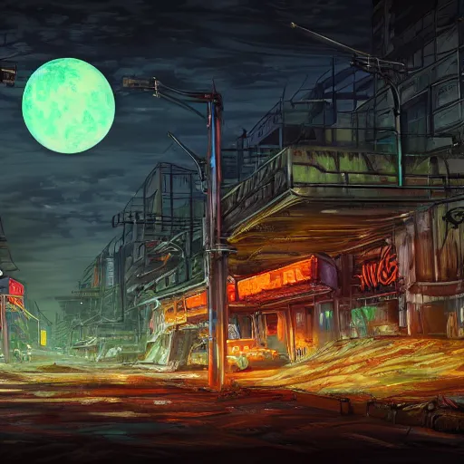 Image similar to digital art, trending on artstation, a post apocalyptic world ruled by rusty machines under a full moon in a gigantic city full of neon lights and machines acting like humans, these being the vast majority of the population.