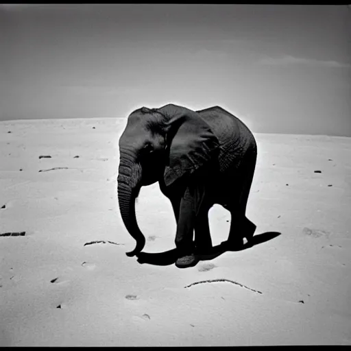 Image similar to extremely detailed black and white polaroid picture by john l. gaunt of a baby elephant standing on the moon's surface. very grainy picture. extreme lighting