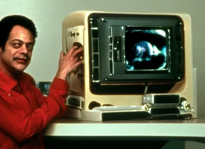 Prompt: film still of young old Cheech Marin with HAL 9000 computer in the background as Dr. Dave Bowman in 2001 A Space Odyssey