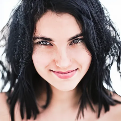 Image similar to young woman with shoulder - length messy black hair, slightly smiling, 1 3 5 mm nikon portrait