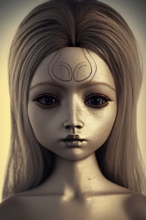 Image similar to beautiful ball jointed doll head, long shiny hair, intricate detailed, sharp focus, octane render, high quality, Symmetrical composition, 8k, volumetric lighting, on black background