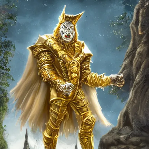 Image similar to werewolf king, in golden heavy platemail armor, with a long flowing cape, standing on castle balcony, the castle is amidst a sprawling forest with an oceanside cliff on one side, realistic, 8k