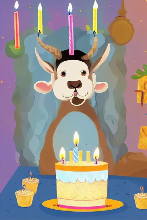 Prompt: an elderly goat with a long white beard, sitting in front of a birthday cake with lit candles, in the style of a children's book illustration, cute, highly detailed digital art