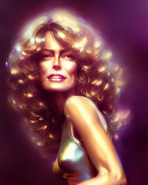 Image similar to photo of farra fawcett, film still, dslr, by greg rutkowski, enoch bolles, ross tran, artgerm, wlop glossy skin, intricate detail, art deco, pearlescent, very coherent, alluring