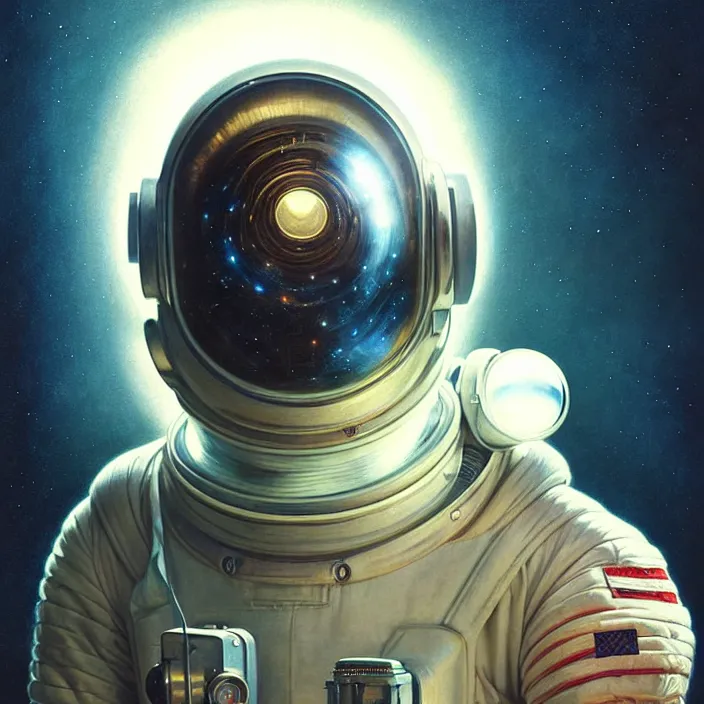 Image similar to ultra realistic retro futuristic astronaut helmet, lens flare, diffuse lighting, fantasy, intricate, elegant, highly detailed, lifelike, photorealistic, digital painting, artstation, illustration, concept art, smooth, sharp focus, art by John Collier and Albert Aublet and Krenz Cushart and Artem Demura and Alphonse Mucha