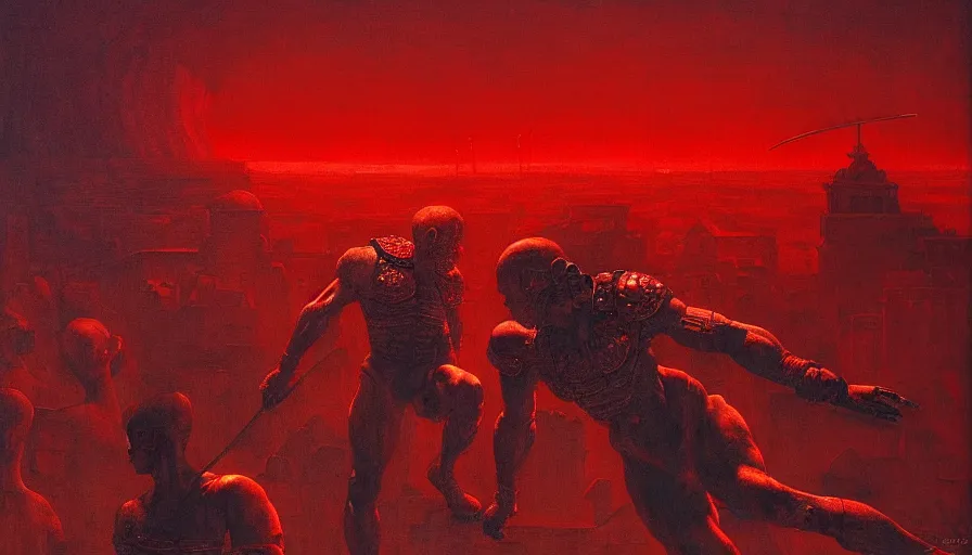 Image similar to only with red, a lightly armored gladiator in a crowded roman amphitheatre, crowd cheering, in the style of beksinski and edward hopper and rodcenko and yue minjun and artgerm, intricate and epic composition, red by caravaggio, highly detailed, masterpiece, red light, artstation, art nouveau