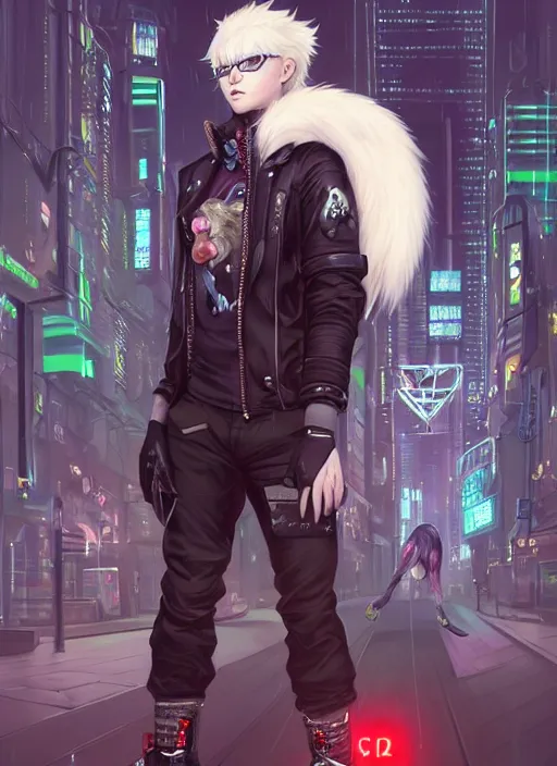 Prompt: award winning beautiful portrait commission art of a male furry anthro albino mountain lion fursona with a tail and a cute beautiful attractive detailed furry face wearing black stylish cyberpunk pants, black stylish cyberpunk boots, red cyberpunk vest in a cyberpunk city at night while it rains. Character design by charlie bowater, ross tran, artgerm, and makoto shinkai, detailed, inked, western comic book art