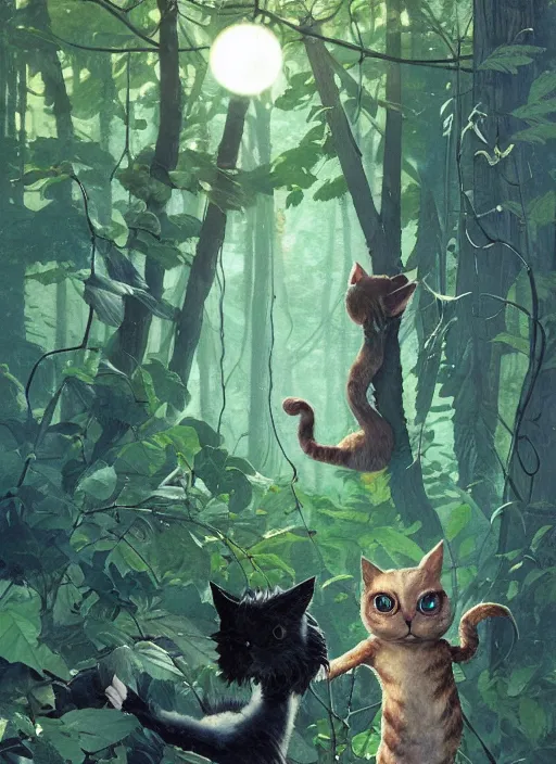 Image similar to a hyper realistic ink cat alien technology and sunbeams blue sky, lush forest foliage painting by chiara bautista and norman rockwell and greg rutkowski weta studio, and lucasfilm