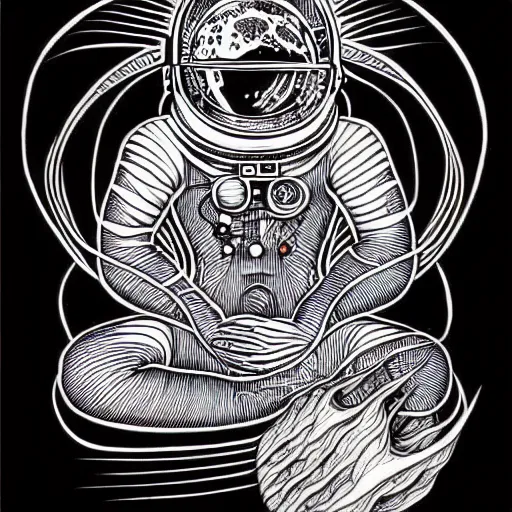 Image similar to meditating astronaut, psychedelic illustration by Aaron Horkey, photorealism, intricate, line-drawing, black ink on white paper