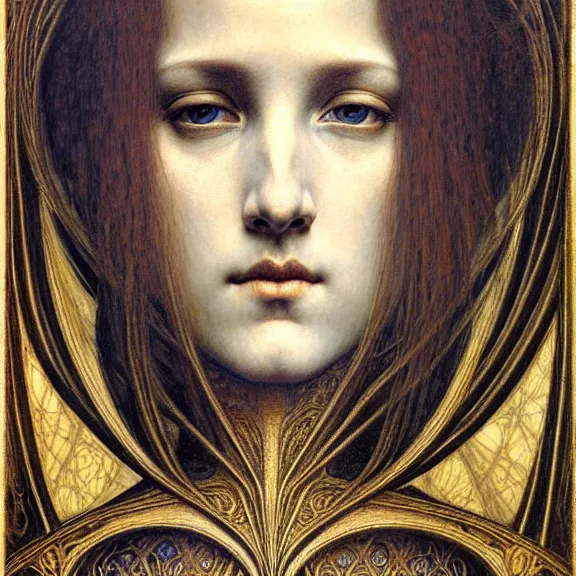 Image similar to detailed realistic beautiful young medieval queen face portrait by jean delville, gustave dore and marco mazzoni, art nouveau, symbolist, visionary, gothic, pre - raphaelite. horizontal symmetry