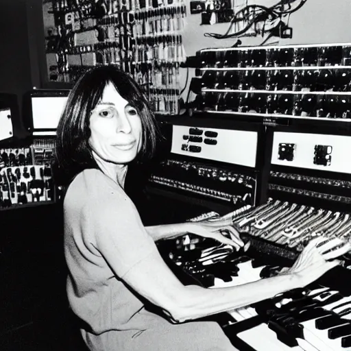 Prompt: Suzanne Ciani surrounded by synthesizers, fish eye lens