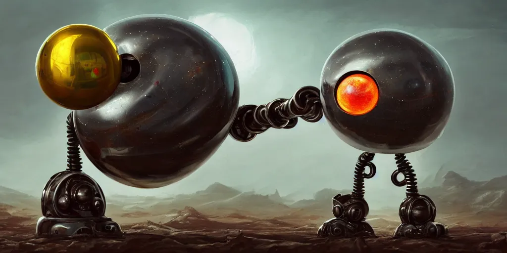 Prompt: tarnished chrome drilling robot with a sphere for a head, matte oil painting, retrofuturistic, colorful, concept art, science fantasy, mutant, lgbt, rpg, epic, rusted, salt, jungles, dungeons & dragons, sharp focus, award - winning, extremely detailed, 4 k, 8 k