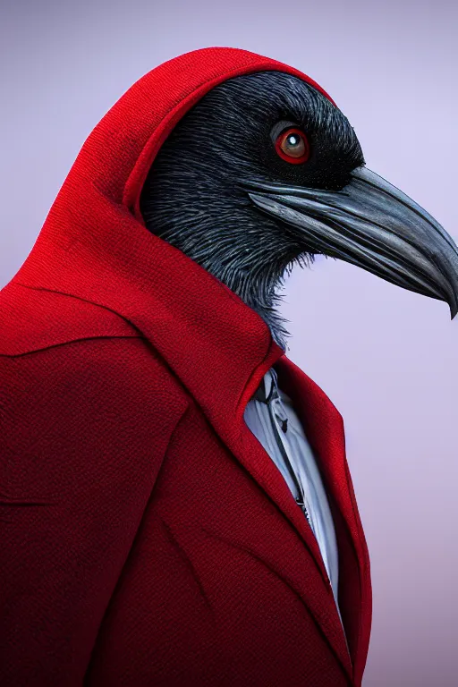 Image similar to a Hooded Crow wearing a red formal overcoat, hyperrealistic, concept art, octane render, unreal engine 5, trending on DeviantArt, highly detailed, high quality, 8K, soft lighting, cute, natural lighting, realistic face, trending on Artstation, elegant clothes, profile picture, path traced, house background