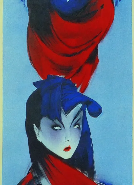 Image similar to portrait of heavyset mighty korean vampiress, jeweled veil, blue and red, strong line, saturated color, beautiful! coherent! by frank frazetta, high contrast, minimalism