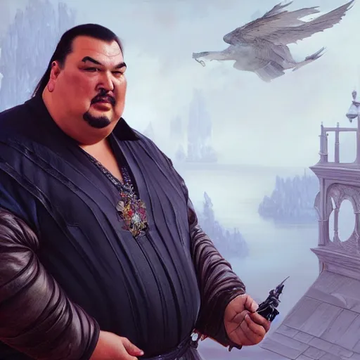 Prompt: Obese Steven Seagal, fantasy, intricate, elegant, highly detailed, digital painting, artstation, concept art, matte, sharp focus, illustration, art by Artgerm and Greg Rutkowski and Alphonse Mucha, and Simon Hennessey